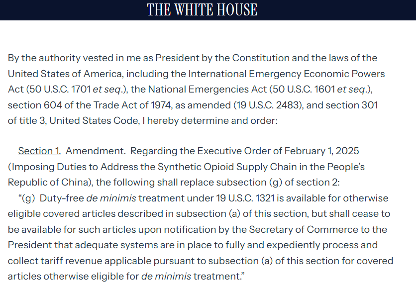 暂缓征税 白宫恢复中国小额包裹免税待遇